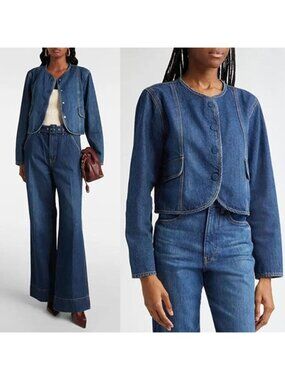NEW Veronica Beard Cordell Collarless Cropped Denim Jacket Blue Size: Medium